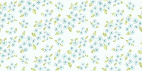 Mint cherry blossom seamless pattern, hand-drawn sakura flowers in soft green tones