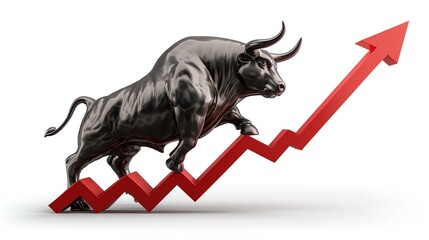 Obraz premium A powerful black bull, symbolizing strength and confidence, surges upwards along a red trend line, representing financial growth and market bullish trends in business and investing