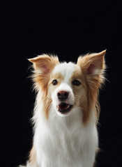 Border collie sits calmly facing the camera with soft lighting. Detailed closeup emphasizes the dog's white and red fur and facial expression.