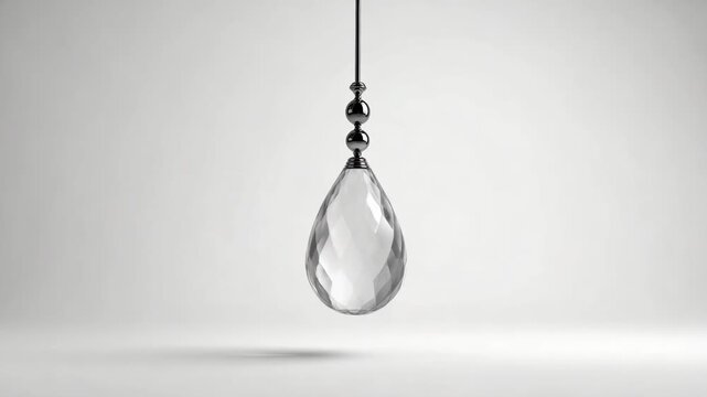 A clear teardrop crystal pendant hanging from a thin cord with decorative black beads above it.