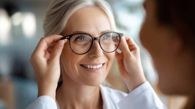 Close up detailed shot of doctor's experienced hands carefully fitting prescription eyeglasses on senior woman during comprehensive eye examination showing compassionate care and