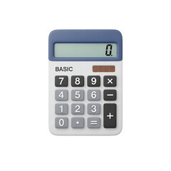 3d icon of 3d render of a basic calculator with a blue top and grey buttons, displaying zero, isolated on transparent background