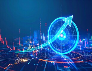 Futuristic holographic arrow above neon cityscape