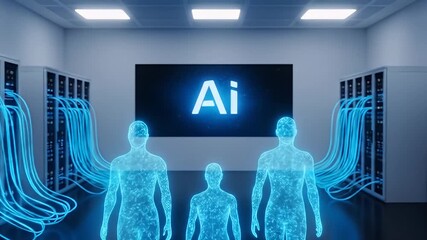 Abstract AI concept with glowing human figures in a server room against a blue digital backdrop with network connections