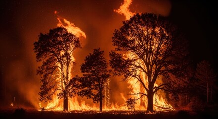 A grove of trees stands silhouetted against a massive, raging nighttime inferno
