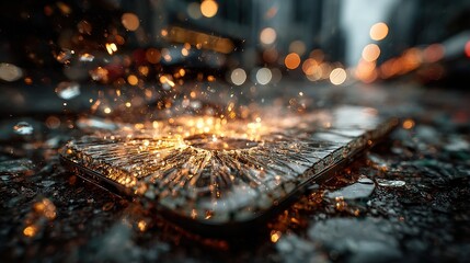 Cracked smartphone with shattered glass and glowing sparks on wet street