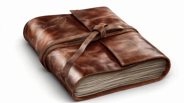 A brown leather-bound journal or notebook tied with a strap.