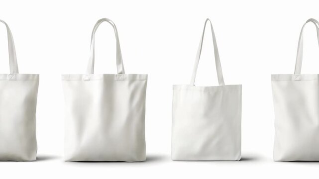 Three white tote bags with handles lined up against a clean white background.