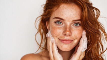 A young ginger woman of Caucasian descent with wavy wet hair, light skin and freckles gently touching face applying a big white soap foam with hands in studio with white background. Generative AI