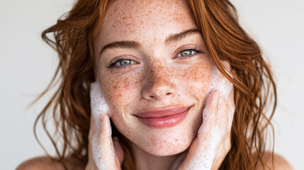 A young ginger woman of Caucasian descent with wavy wet hair, light skin and freckles gently touching face applying a big white soap foam with hands in studio with white background. Generative AI