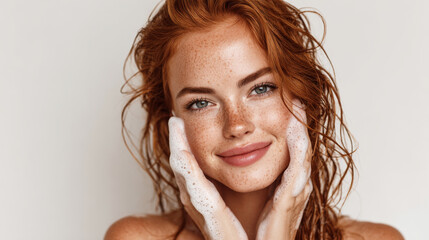 A young ginger woman of Caucasian descent with wavy wet hair, light skin and freckles gently touching face applying a big white soap foam with hands in studio with white background. Generative AI