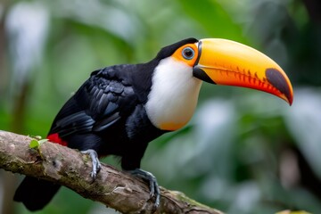 Naklejka premium Toco toucan bird perching on tree branch in jungle