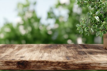 Fototapeta premium A wooden table with a plant, blurred green background