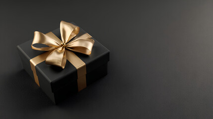 Obraz premium Black gift box gold bow ribbon luxury present elegant surprise celebration minimal style on textured background