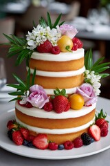 Two tier naked cake decorating with fresh berries and flowers