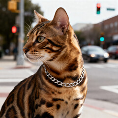 Witness the captivating beauty of a Bengal Cat as it confidently poses on a bustling City Street. This stunning Feline Portrait captures the essence of the breed's wild elegance and domesticated charm