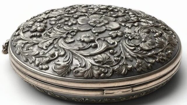 Round silver snuff box with intricate floral relief engraving and a hinged lid.