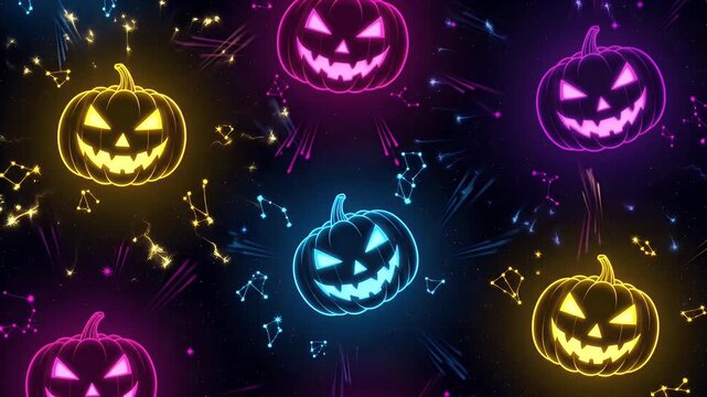 A vibrant seamless pattern of glowing neon jack o' lanterns for a modern Halloween party background