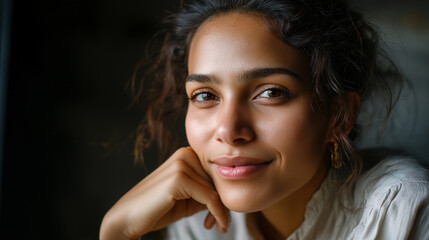 Fototapeta premium Positive young casual woman looking at camera, under gentle studio light, highlighting warm expression and relaxed pose, serene portrait scene, calm casual lighting, with copy spac