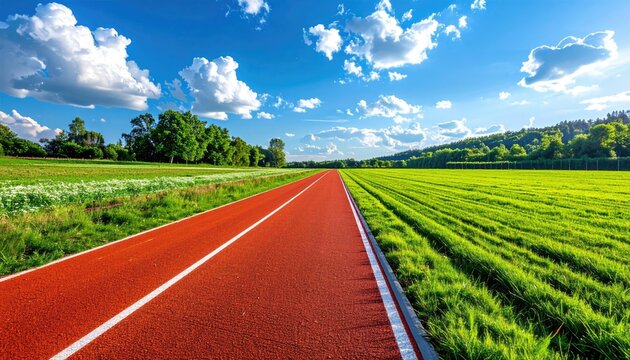 Red Running Track Through Green Field Under Blue Sky With Fluffy White Clouds in Bright Sunlight