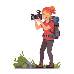 Joyful woman hiker capturing nature photography with professional camera backpack adventure illustration