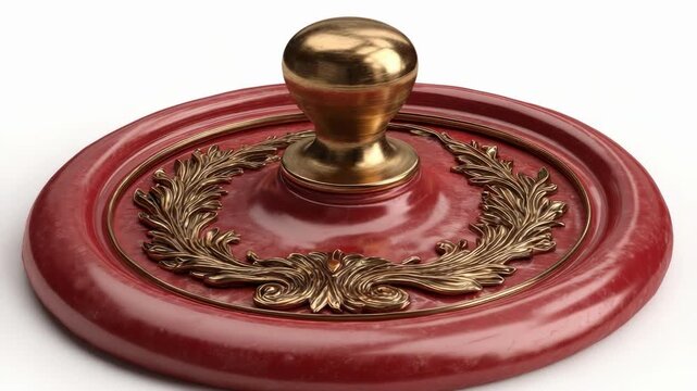 Round red decorative base with an ornate brass laurel border and a gold knob in the center.