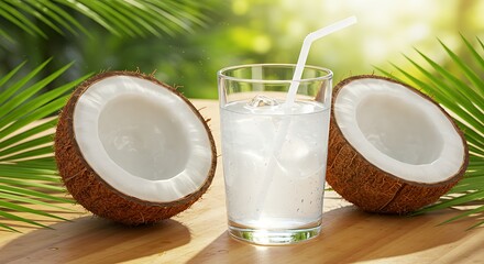 Coconut Water Refreshment Cold Drink with Ice and Tropical Background