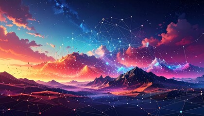 Digital Network Over Majestic Mountains at Sunset - Futuristic Landscape