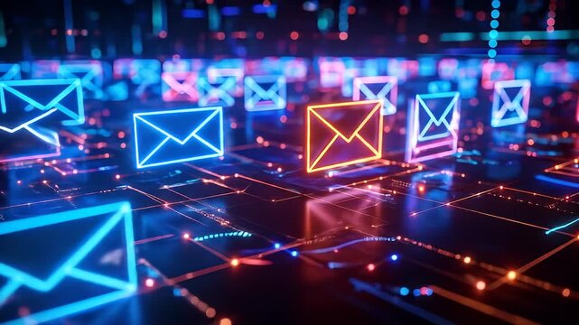Abstract Digital Email Communication Network with Glowing Neon Envelope Symbols and Futuristic Cyber Circuit Board Background