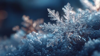 Fototapeta premium Close up of snowflake crystal on frosty surface