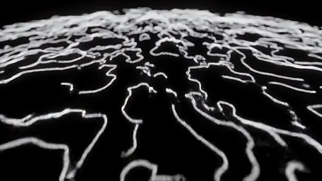 Abstract glowing white lines forming a complex network pattern on a dark background, resembling a futuristic map or brain activity.