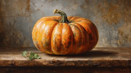 Close-up of large pumpkin on rustic wooden table, warm muted autumn tones, antique oil painting with soft shadow, fine micro-grid canvas texture, subtle patina, baroque style, delicate craquelure