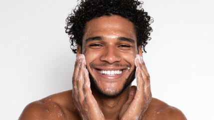 A young man of African descent with shirt curly hair gently applying a white soap foam with hands in studio with white background. Generative AI