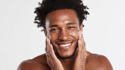 A young man of African descent with shirt curly hair gently applying a white soap foam with hands in studio with white background. Generative AI