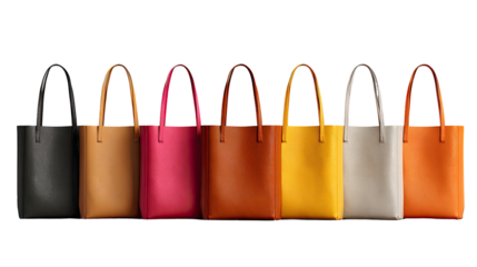 Row of colorful leather tote bags