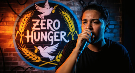 Passionate speaker addresses audience with powerful message about ending hunger, inspiring hope and action for a better future.