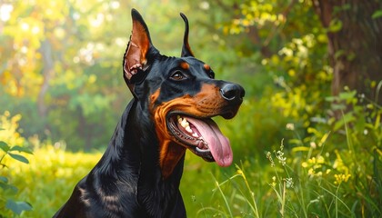 Doberman Pinscher Dog Portrait in Natural Green Environment with Tongue Out