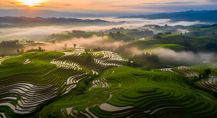 Naklejka premium Beautiful Rice Terraces in Northern Vietnam at Sunrise Scenery