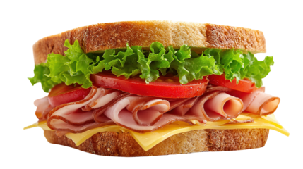 Close-up of two sandwiches with bacon, salami, prosciutto and fresh vegetables on rustic wooden cutting board. Club sandwich concept.