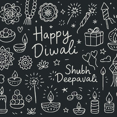 Festive Diwali greeting design on black background featuring “Happy Diwali” and “Shubh Deepavali” text with white doodles of diyas, fireworks, sweets, lotus, and decorations. Perfect for festive cards