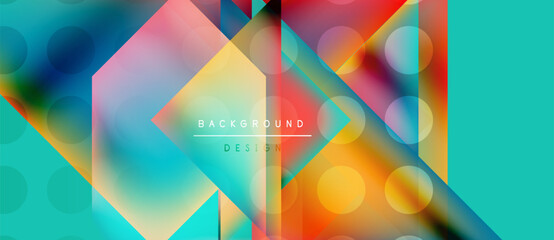 Abstract geometric design. Vibrant colors blend, creating dynamic composition. Overlapping shapes, circles, triangles form modern backdrop.