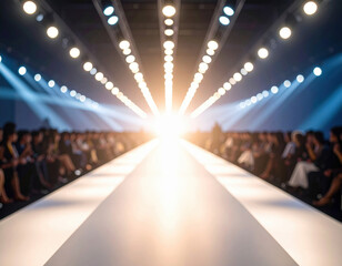 Blur fashion show spotlight stage audience glamorous contemporary elegance evening bokeh glow. Dramatic light floods catwalk with dreamy depth, modern ambiance, and stylish anticipation