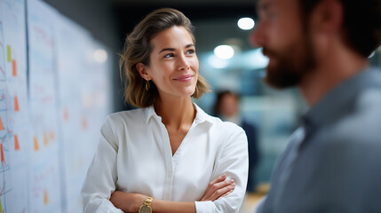 Assertive confident businesswoman presenting detailed project updates and progress reports to attentive team member during meeting in professional workspace project update present