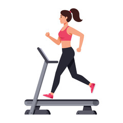 Energetic woman running on treadmill indoors for fitness and weight loss exercise illustration