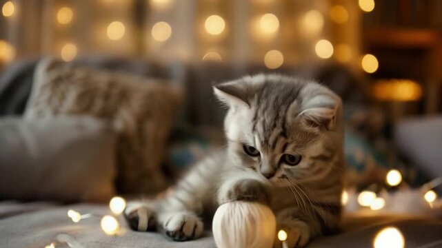 Adorable tabby kitten playing with whool balls in cozy indoor setting. High quality FullHD footage