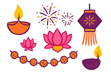 Vibrant Diwali illustration featuring glowing diyas, marigold garland, lotus flower, lantern, and fireworks. Perfect festive vector art for Diwali greeting cards, posters, and decor designs.