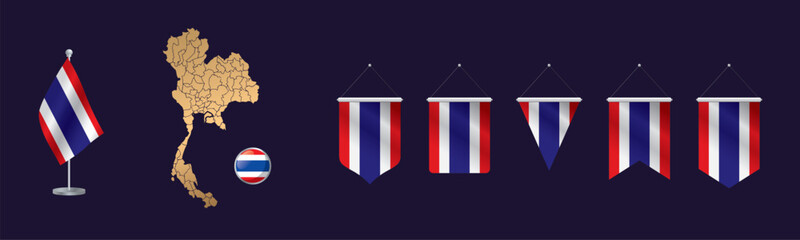 3D Thai flag in various designs and a gold map of Thailand.