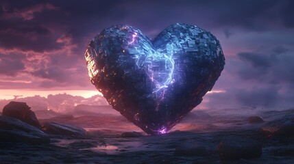 Fototapeta premium Futuristic Heart with Lightning in a Dramatic Landscape