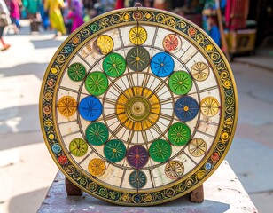 Ornate circular plaque with colorful wheel designs