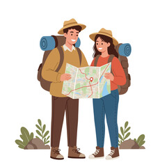 Happy couple backpackers studying a map together planning their next adventure outdoors illustration